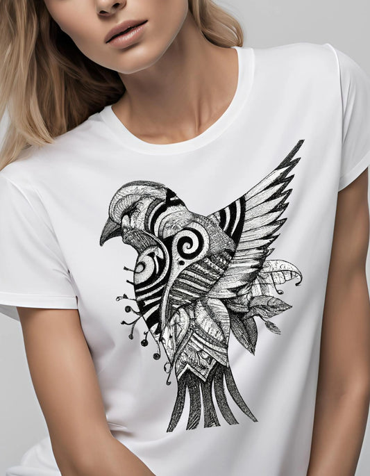 Tribal Bird Black and White T Shirt - Maturana Gallery
